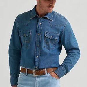 Wrangler Cowboy Cut Western Chambray Pearl Snap Long Sleeve Work Shirt